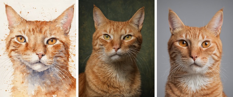 メモリアルセットの見本（同じ猫を3画風で・水彩／油絵風／リアルタッチ）